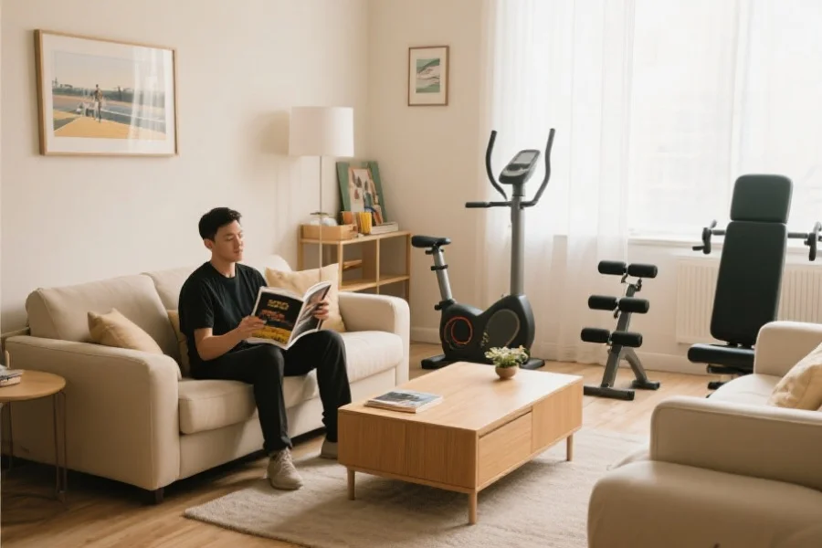 一个人在家中客厅安静地阅读体育相关书籍，旁边放着健身器材，环境温馨整洁