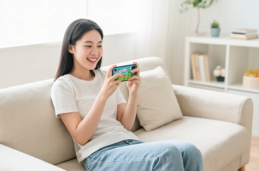 明亮舒适的客厅中，一位年轻女性坐在沙发上愉快地玩着休闲类手机游戏，表情轻松愉快