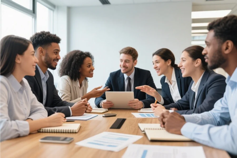 一组多元化的客户服务团队成员正在一起讨论，桌上摆放着笔记本和文件，展现协作与专业氛围